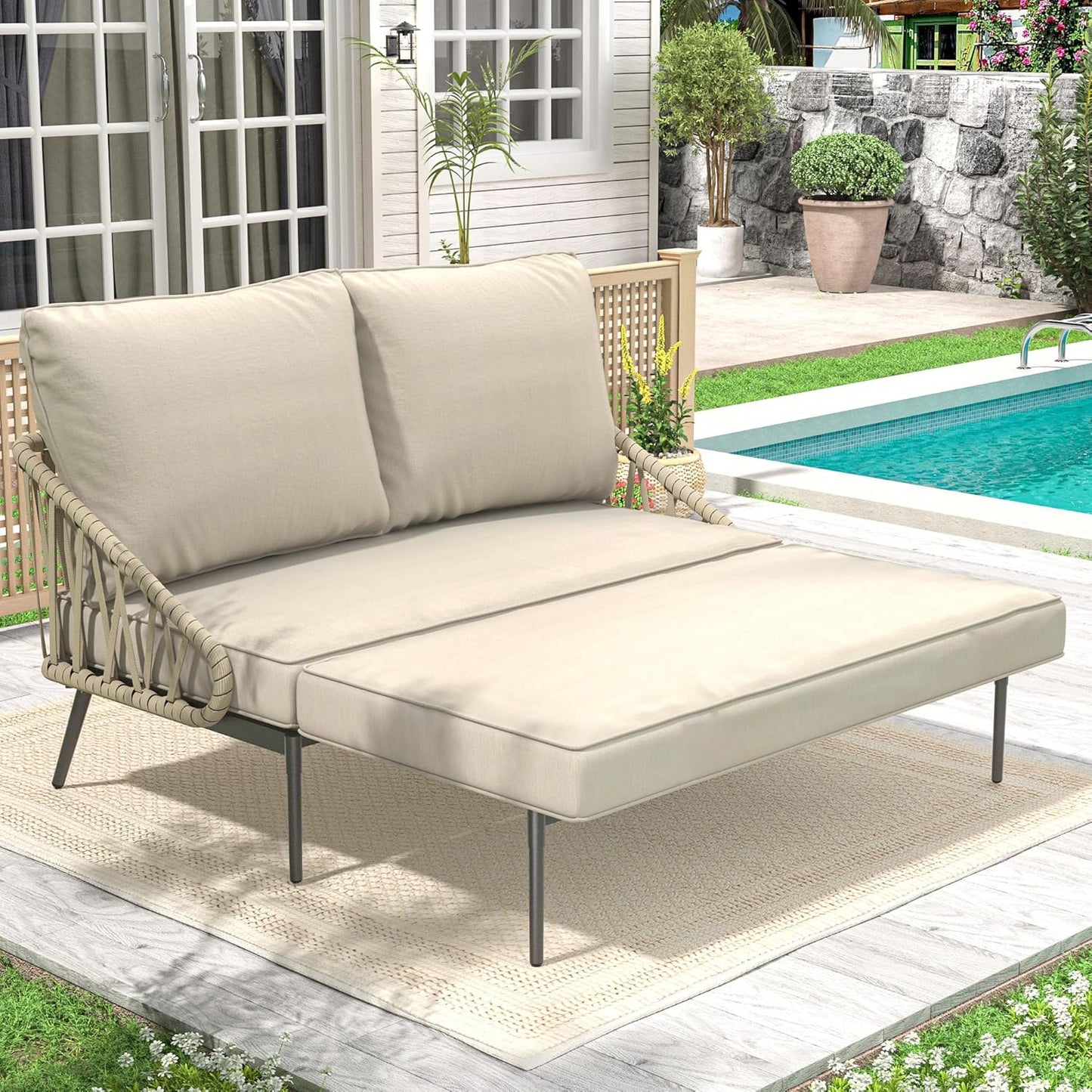 Patio Adjustable Daybed, 2-Person Outdoor Daybed with Cushions and Pillows, Woven Rope Patio Loveseat Garden Adjustable Reclining Chaise Lounge for Lawn