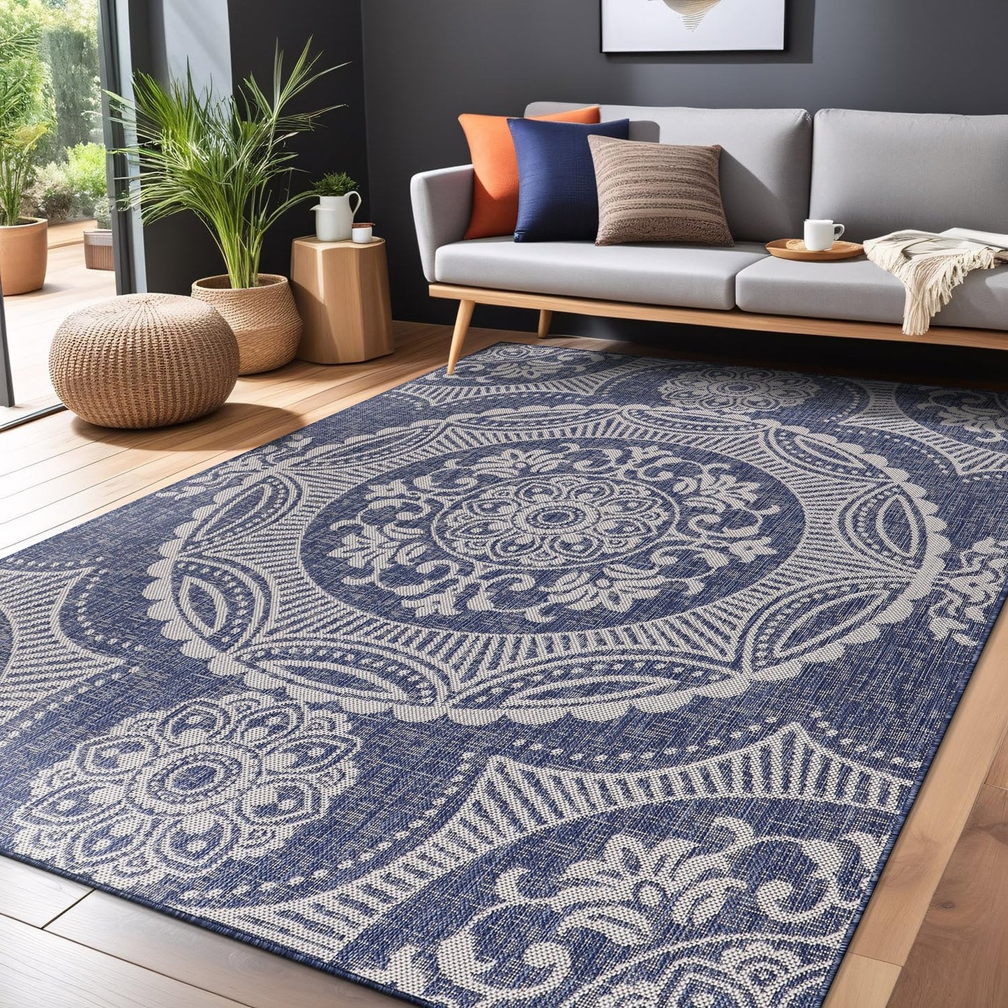 Medallion Outdoor Rug 9x12 Washable Outside Carpet for Indoor Patio Porch Waterproof Easy Cleaning Non Shedding Area Rugs Blue 9 x 12