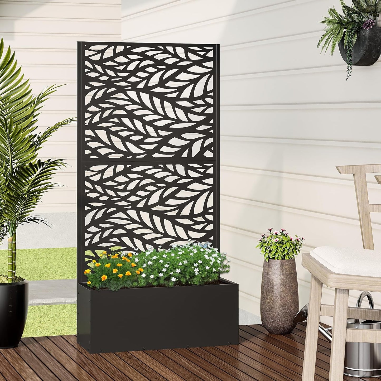 Casaphoria Metal Raised Garden Bed with Trellis, 59"x30"x12" Planter Box for Climbing Plants, Vegetables & Vines, Features Drainage Holes and Privacy Screen (Black-Spring)