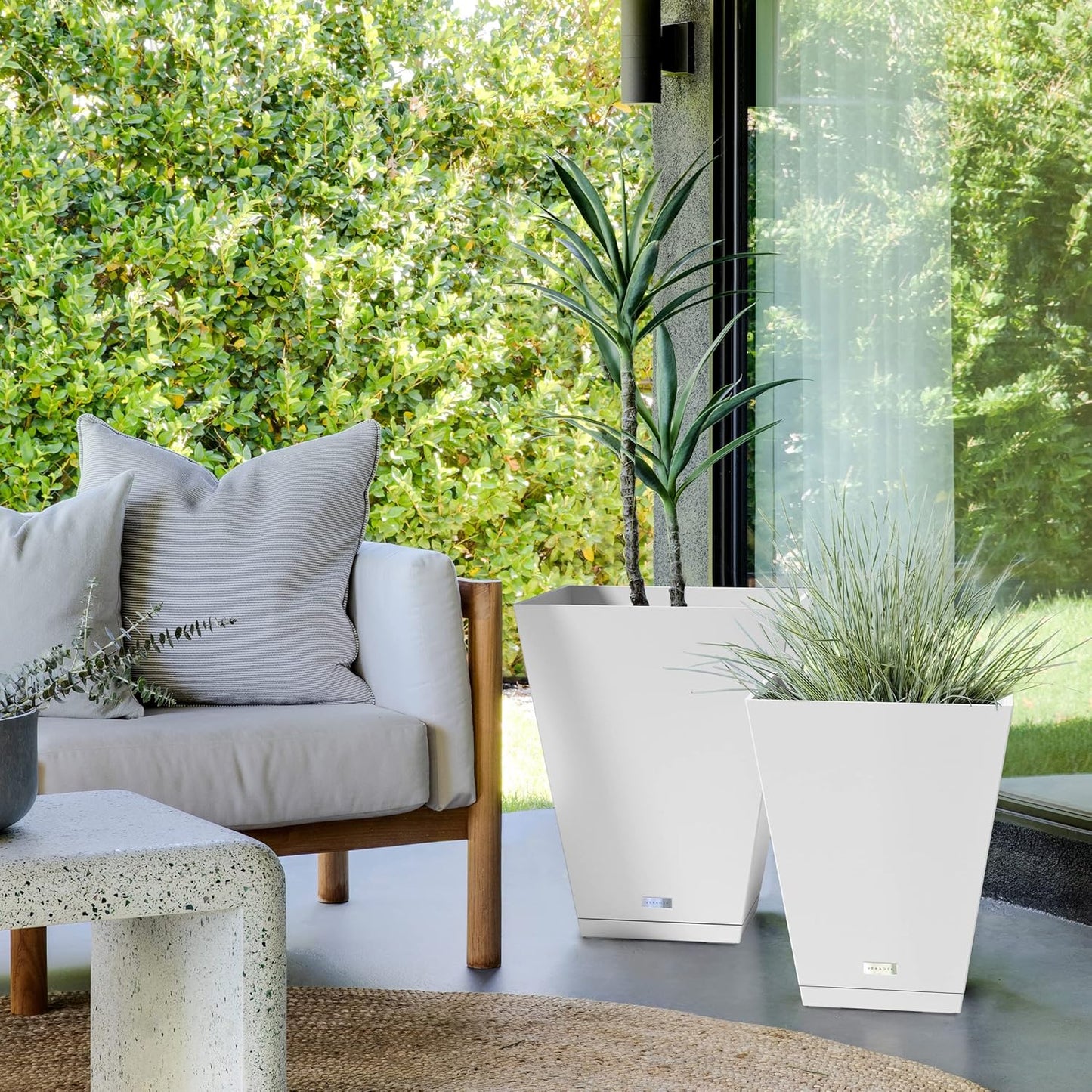 Veradek Nobleton Indoor/Outdoor Wide Square Planter (White, 22 inch - 2 Pack with 2 Saucer Trays)