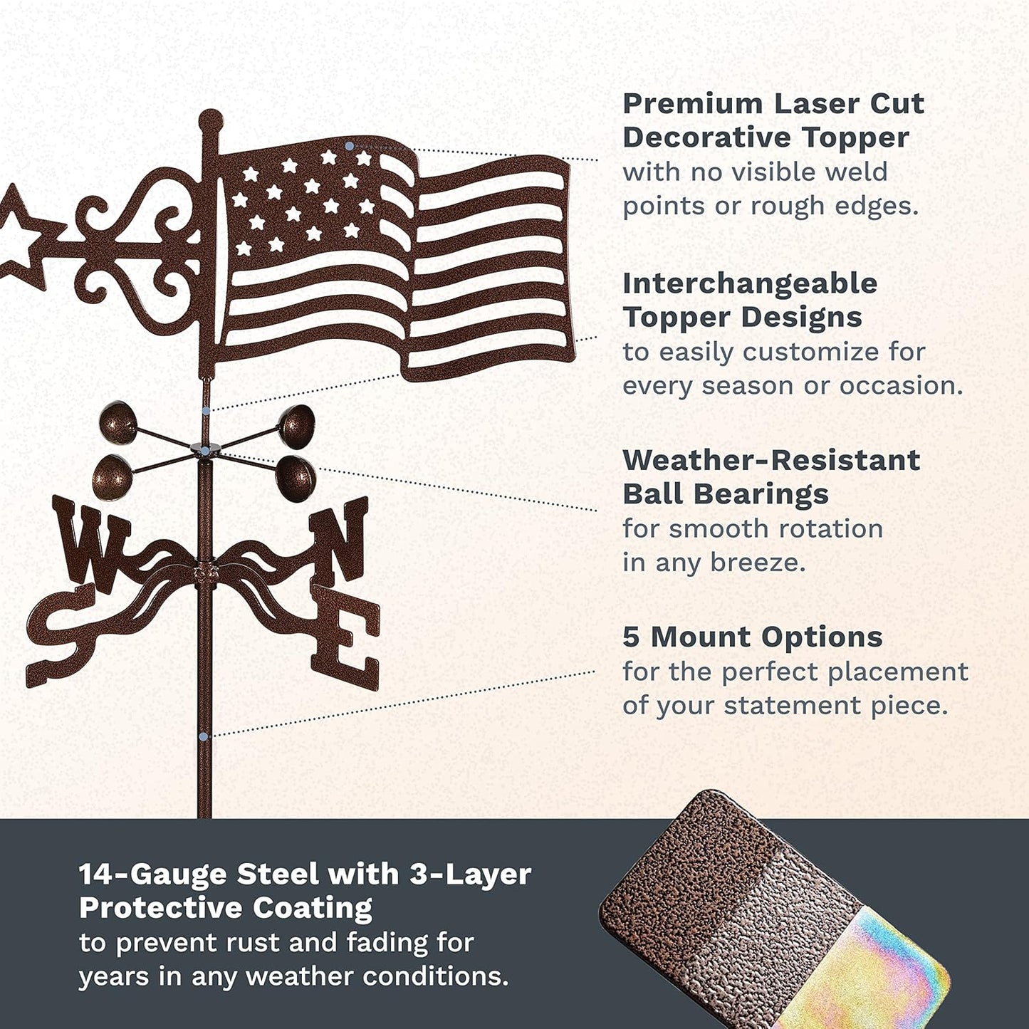 EZ Vane Steel USA Flag Weathervane 80” Height, Includes Metal Garden Mount, Wind Cups & Brackets | Hand-Crafted and Family-Owned, Made in The USA with Triple Powder Coating, Limited