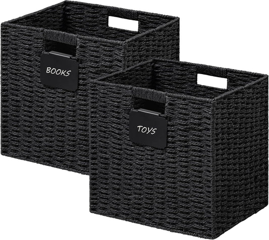 UBBCARE 2 Pack Wicker Basket, 13×13 Storage Cubes with Label, Foldable Cube Storage Bin with Handle, Square Storage Basket for Shelves, Woven Paper Rope Basket for Organizing, Black