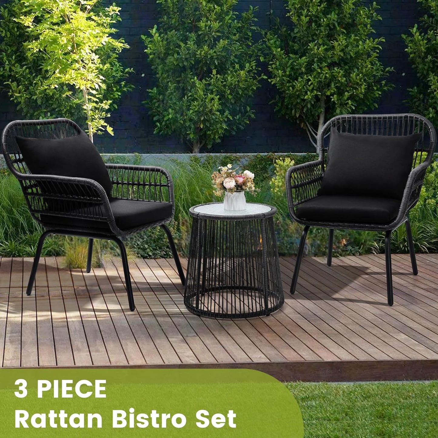 3 Pieces Rattan Wicker Bistro Set, Outdoor Conversation Set, Wicker Furniture Set with Glass Top Table, Space Saving for Balcony, Backyard, Black