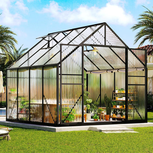 Amerlife 8x8x7 FT Ft Polycarbonate Greenhouse for Outdoors, Walk-in Design with Aluminum Frame, 2 Windows and Swing Door, Heavy-Duty Greenhouse Construction for Garden, Black