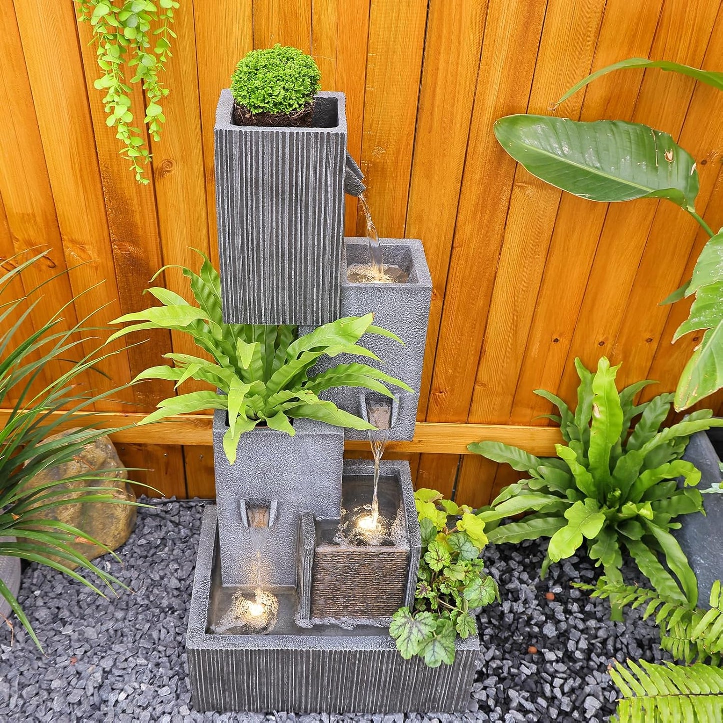 Tiered Water Fountain Outdoor Garden - Waterfall Patio Freestanding Cascade Fountains Concrete Artistry Modern Style with LED Lights for Yard Pool Home Decor, 41.5 inches Tall