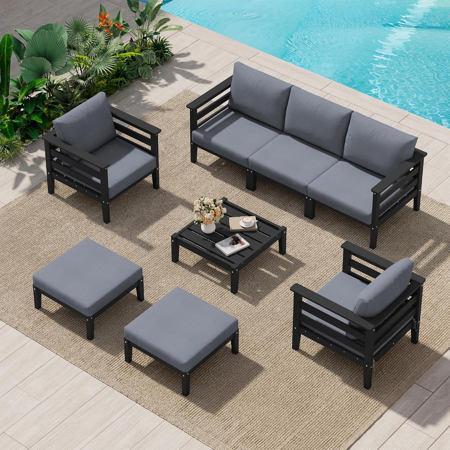 SERWALL HDPE Patio Furniture Set, 8 Pieces Composite Outdoor Furniture, All-Weather Wood-Like Outdoor Sofa Couch with Coffee Table for Deck, Lawn, Black Frame with Grey Cushion
