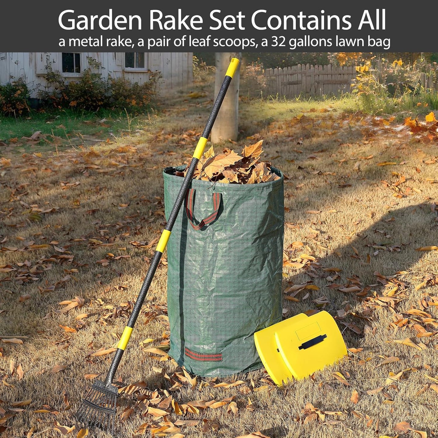 Rake, Metal Garden Leaf Rake for Leaves with 32 Gallon Lawn and Leaf Bags & Leaf Scoops, Adjustable 11 Tines 9" Wide Small Adult Kids Lawn Shrub Yard Landscape Rake Heavy Duty Long Handle 30-60