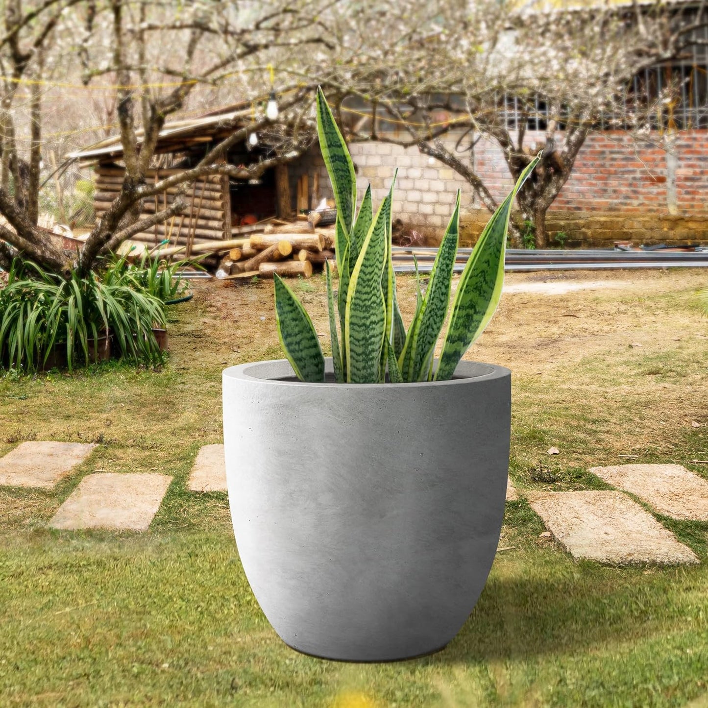Kante 18 Inch Dia Round Concrete Planter, Indoor Outdoor Large Plant Pot with Drainage Hole and Rubber Plug for Home Patio Garden, Natural Concrete