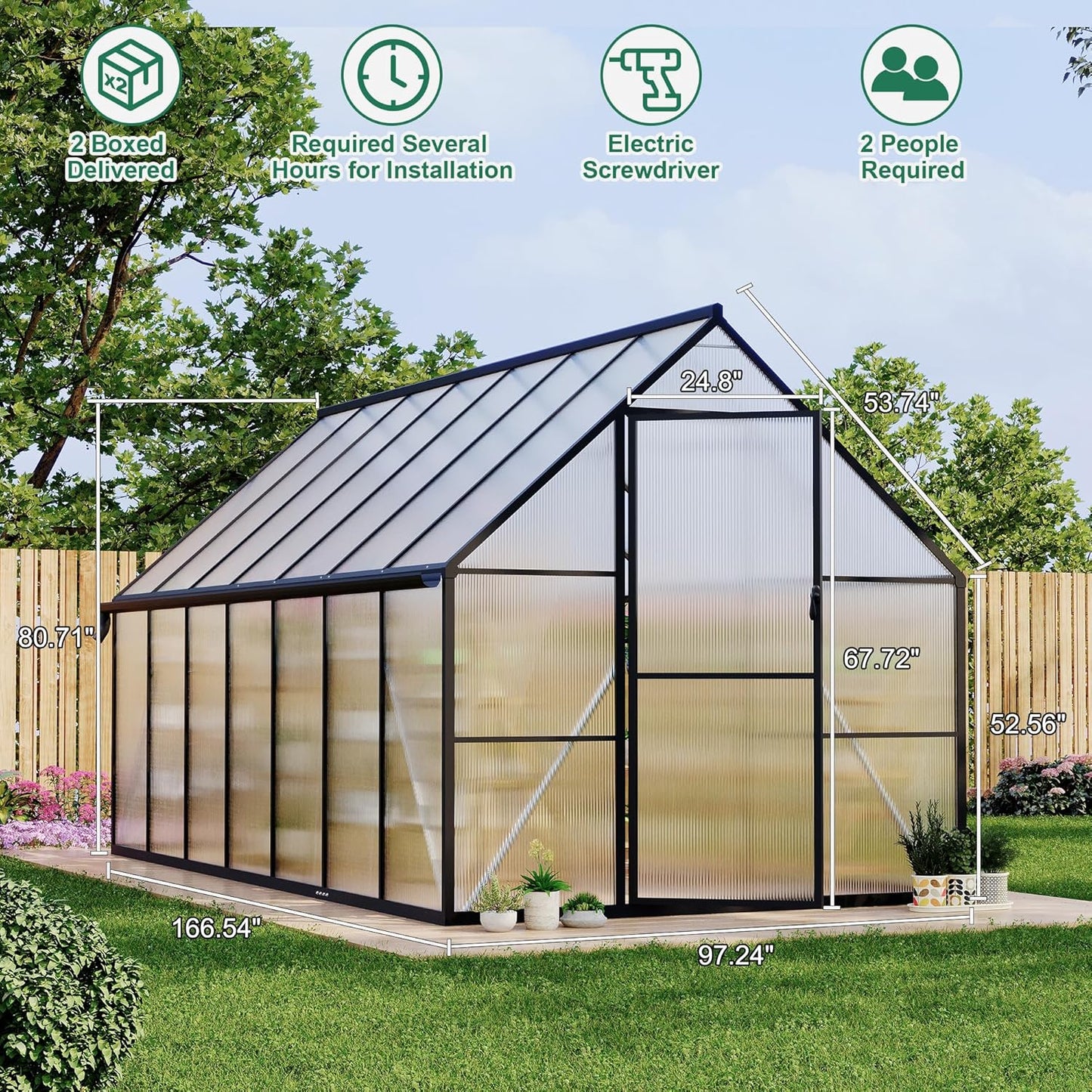 8'x14' Aluminum-Framed Polycarbonate Greenhouse, Heavy Duty Polycarbonate Greenhouse with Quick Setup Structure and Roof Vent, Large Enhanced Aluminum Green House Kit for Outdoors