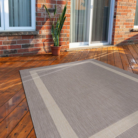 CAMILSON Outdoor Rug 6x9,Modern Outside Rugs for Patios Porches Waterproof Durable Washable Non-Shedding, Easy-to-Clean Indoor Outdoor Area Carpet (6 x 9, Bordered - Gray/White)