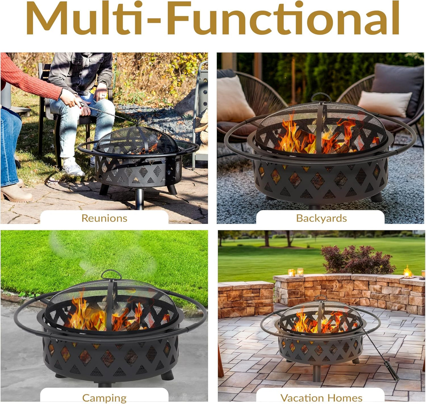 Sunnydaze Crossweave Outdoor Fire Pit - Wood-Burning Fire Pit for Outside with Spark Screen, Poker and Round Cover - 30-Inch - Black