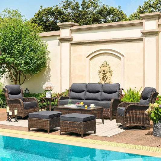 HILLGA Luxury Patio Furniture Set with 6-Inch Thick Cushions, High Back Outdoor Swivel Rocker Chairs and Patio Couch, 7-Piece All Weather Conversation Set for Porch Deck Pool Yard, Dark Grey (V3)