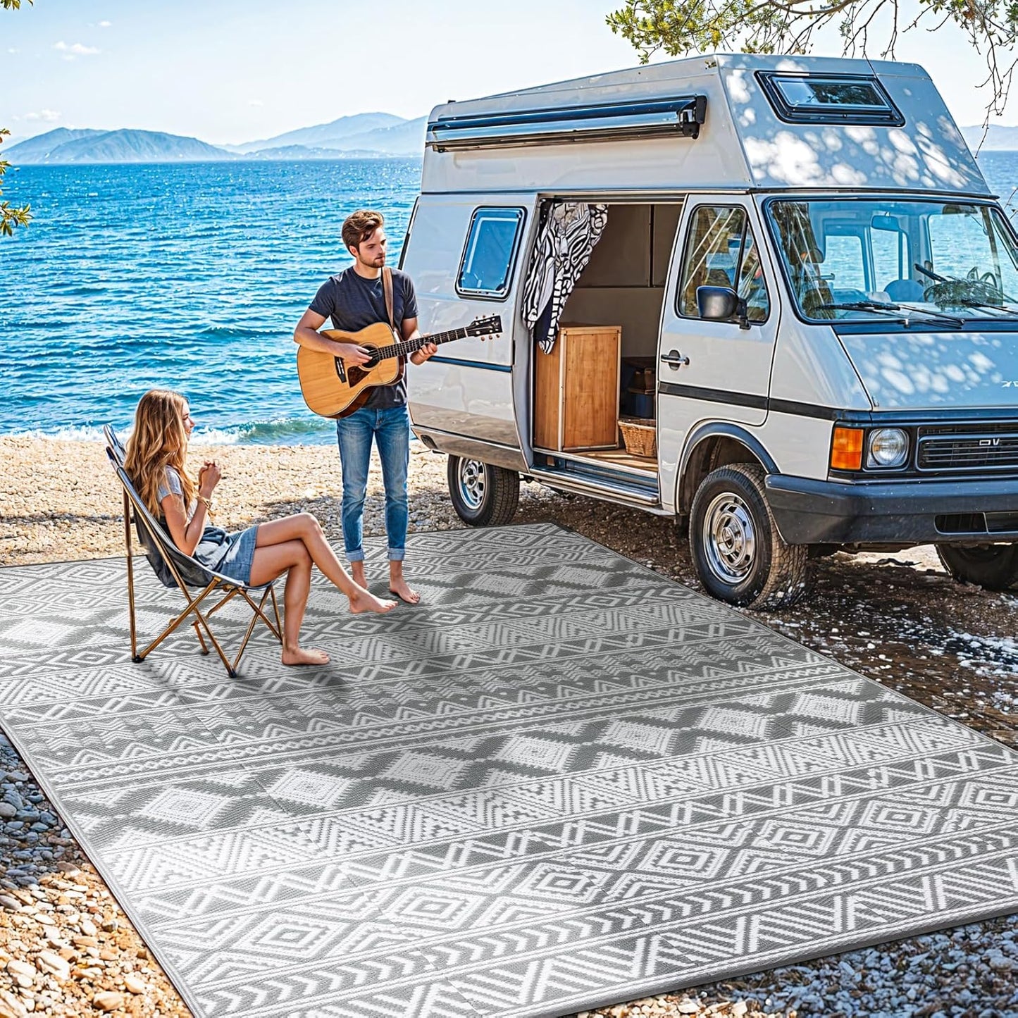 8'x10' Reversible Outdoor Rug - Eco-Friendly Plastic Straw Rug-Heavy-Duty Waterproof Mat, UV & Fade Resistant for Patio, Camping, RV, Deck, Balcony(8x10,Gray&White)