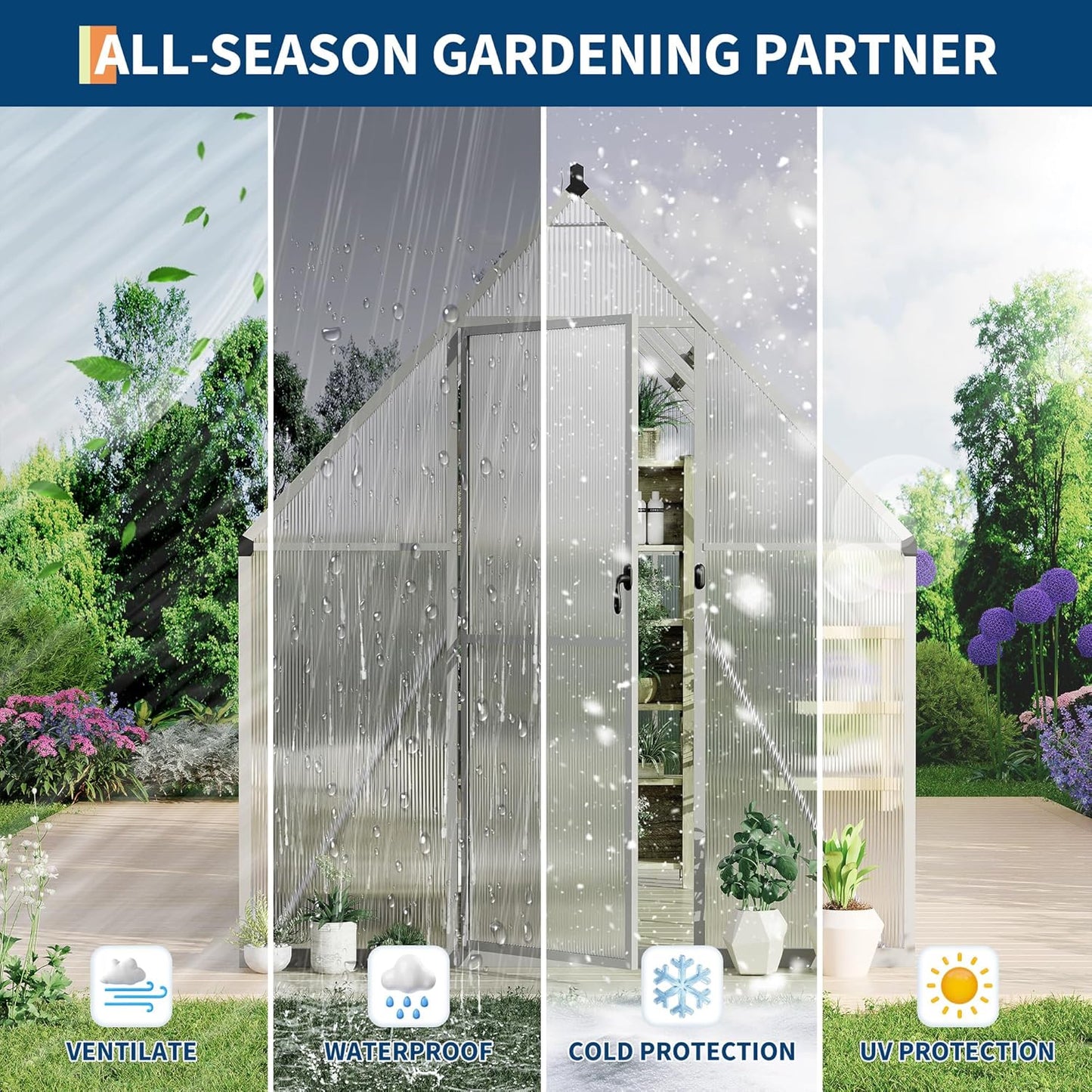 6'X9' Aluminum-Framed Polycarbonate Greenhouse, Heavy Duty Polycarbonate Greenhouse with Quick Setup Structure and Roof Vent, Large Enhanced Aluminum Greenhouses Kit for Outdoors