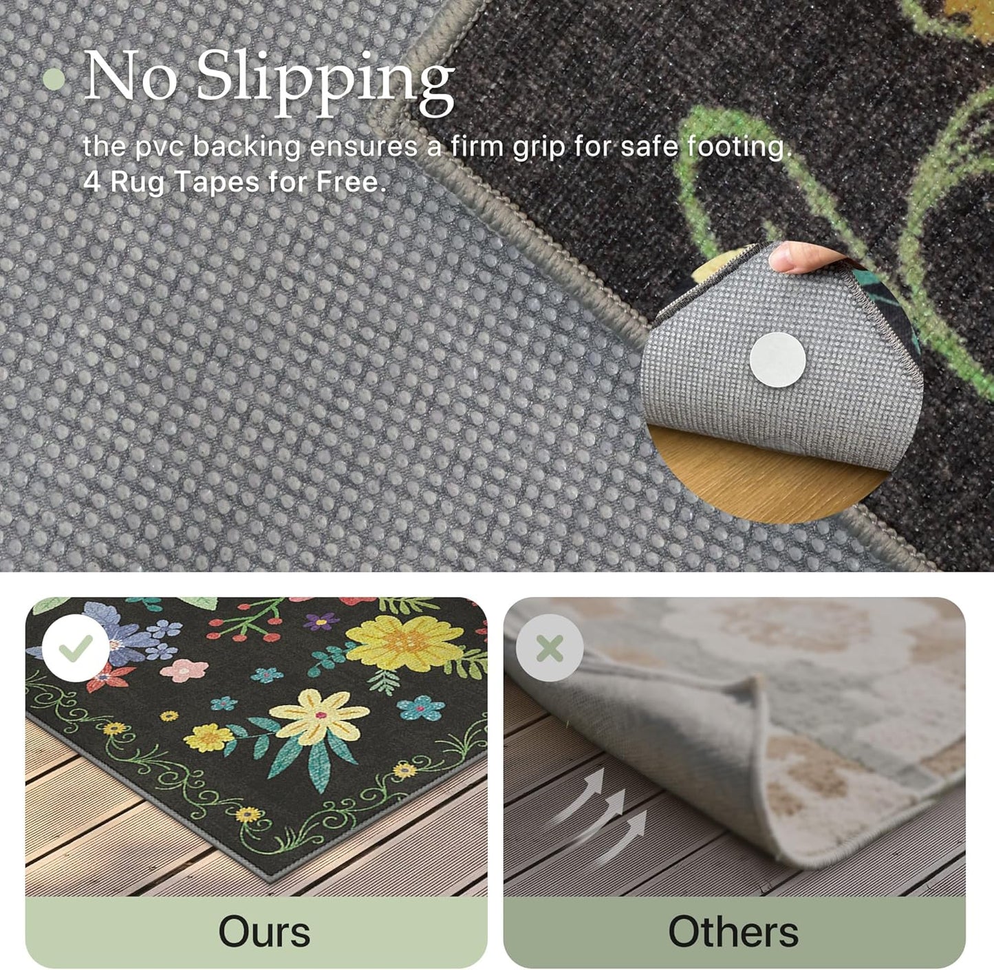 GENIMO Indoor Outdoor Area Rug 2' X 10' Waterproof, Washable Runner Rug Non Shedding, Easy Cleaning Floral Outdoor Carpet for Patio, Living Room, Bedroom, Entryway, Porch, Dining Room, Black