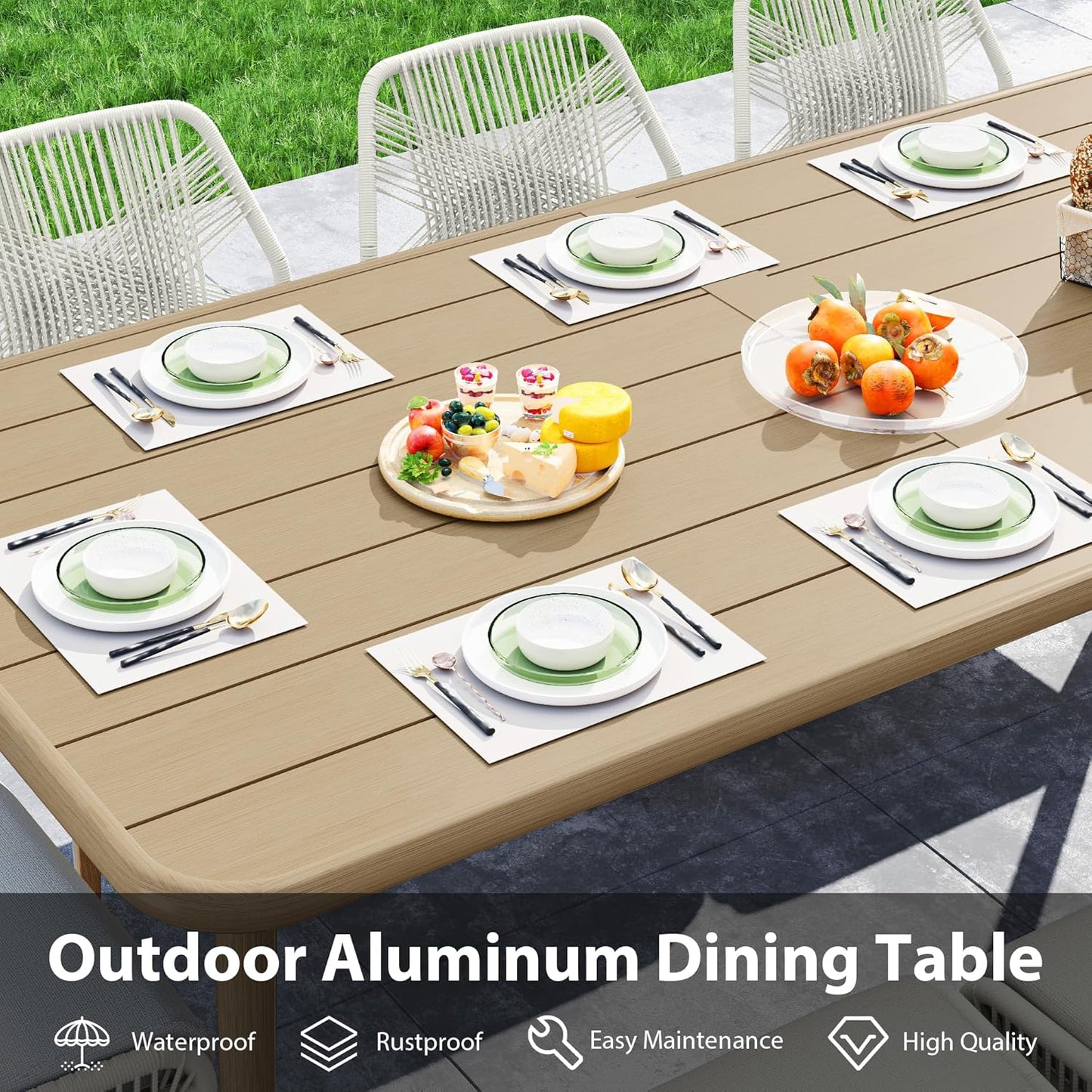 HAPPATIO Outdoor Dining Table for 8, Large Rectangular Aluminum Frame Patio Dining Table, Wood-Like Tabletop with 2" Umbrella Hole for Deck, Backyard, Lawn, Garden