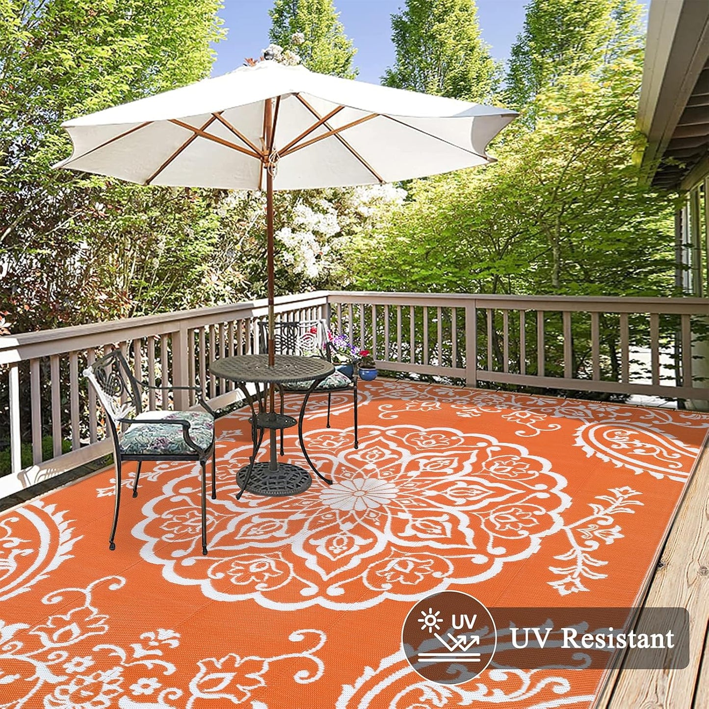 Pauwer Waterproof Outdoor Rug 8x10, Reversible Plastic Straw Patio Camping Rug, Indoor Outdoor RV Mat Carpet for Deck, Camper, Porch, Balcony, Backyard, Picnic, Boho Orange