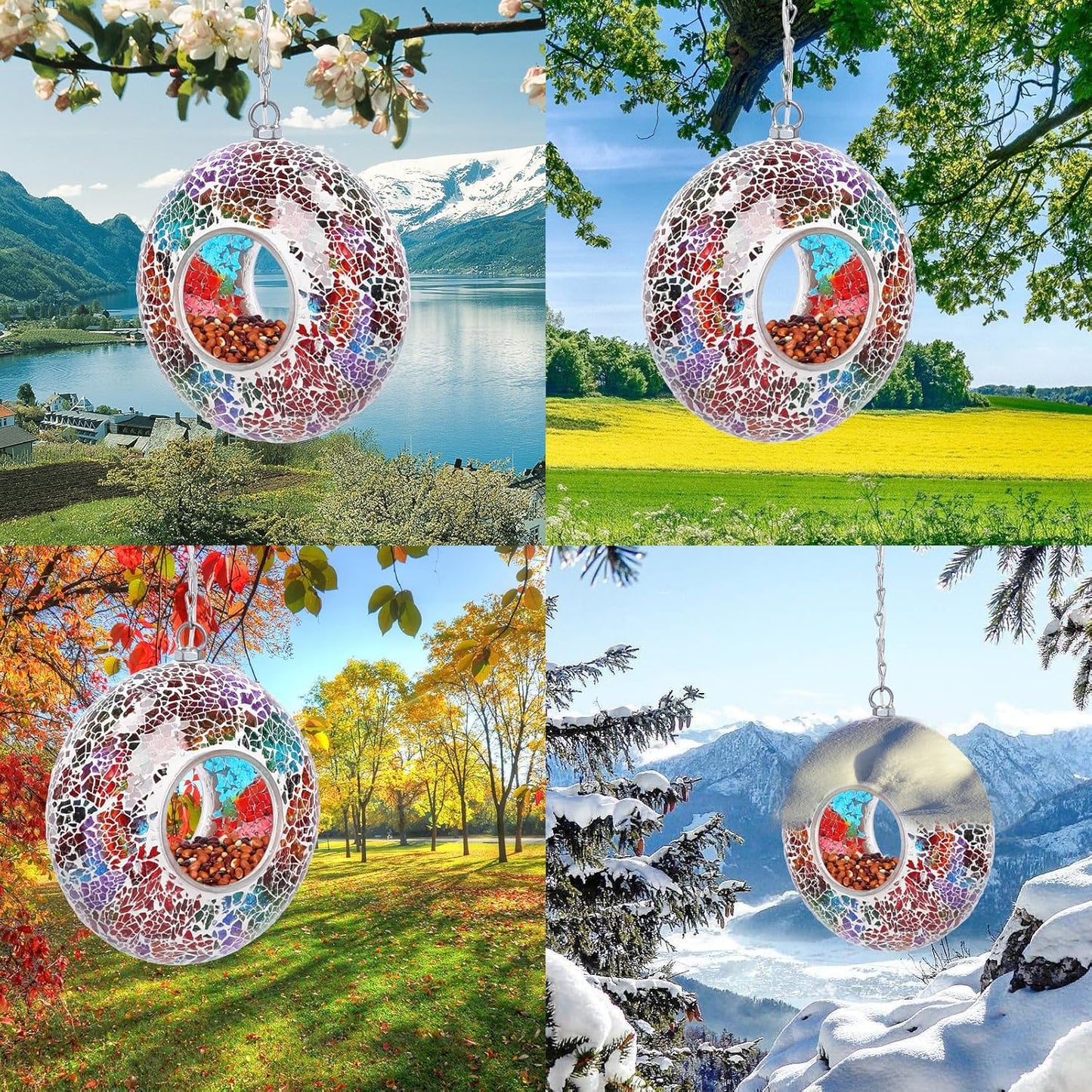Mosaic Bird Feeders for Outside Hanging with Round Shape Glass Container Fly Through Solar Bird Feeder for Garden Decor (Multicolor)