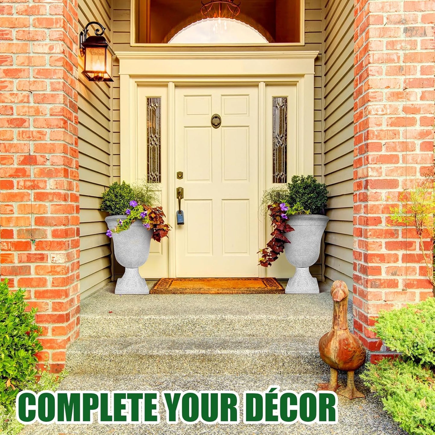 Dandat 4 Pack Large Outdoor Urn Planter 22 inch Tall Plastic Planter for Front Proch Classic Vase Decorative Garden Pot for Indoor Outdoor Door Patio Deck Decor(White)