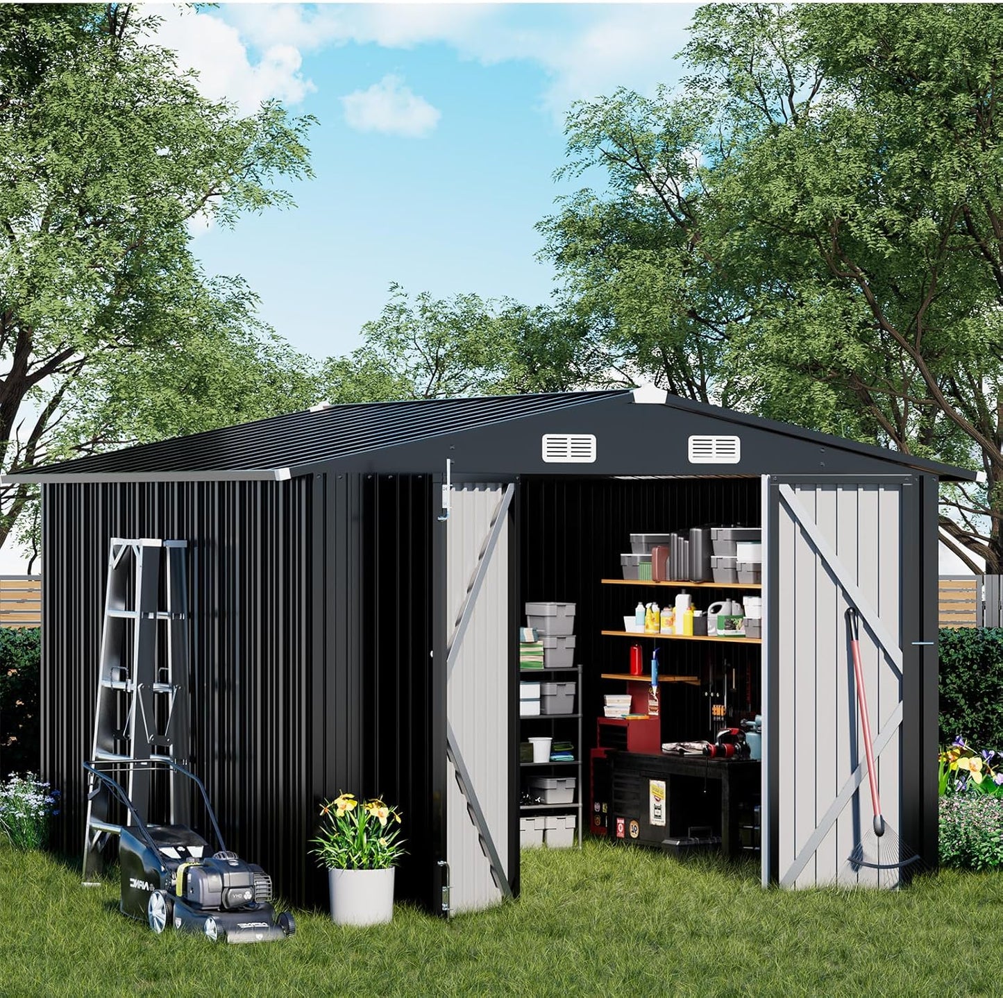 COMHOMA Shed Outdoor Storage Shed Metal,Lockable Doors Tool Sheds with Sloping Roof,Steel Garden Shed with Air Vent for Backyard,Patio,Lawn,Poolside (Grey, 10'*10')