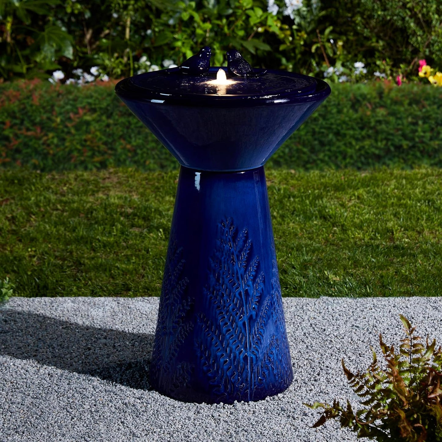 Glitzhome 27.5"H Outdoor Garden Water Fountain with LED Lights and Pump, Cobalt Blue Two Birds Embossed Plant Pattern Pedestal Ceramic Floor-Standing Fountain for Porch Deck Patio Backyard Decoration