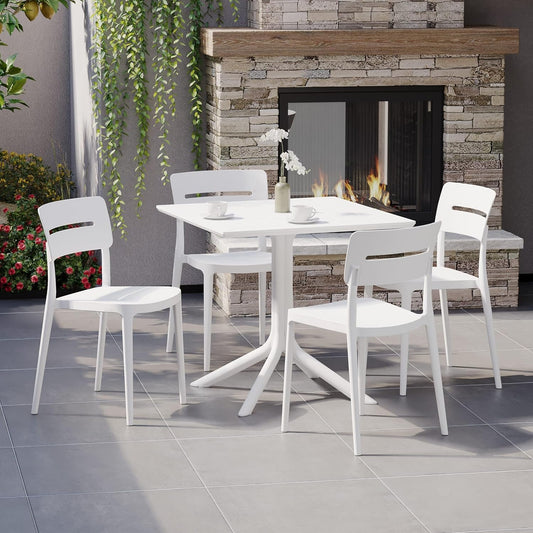 5-Piece Outdoor Dining Set, HDPE Patio Square Bistro Table and Stackable Chairs Sets for 4, Patio Furniture All Weather for Backyard Poolside, White