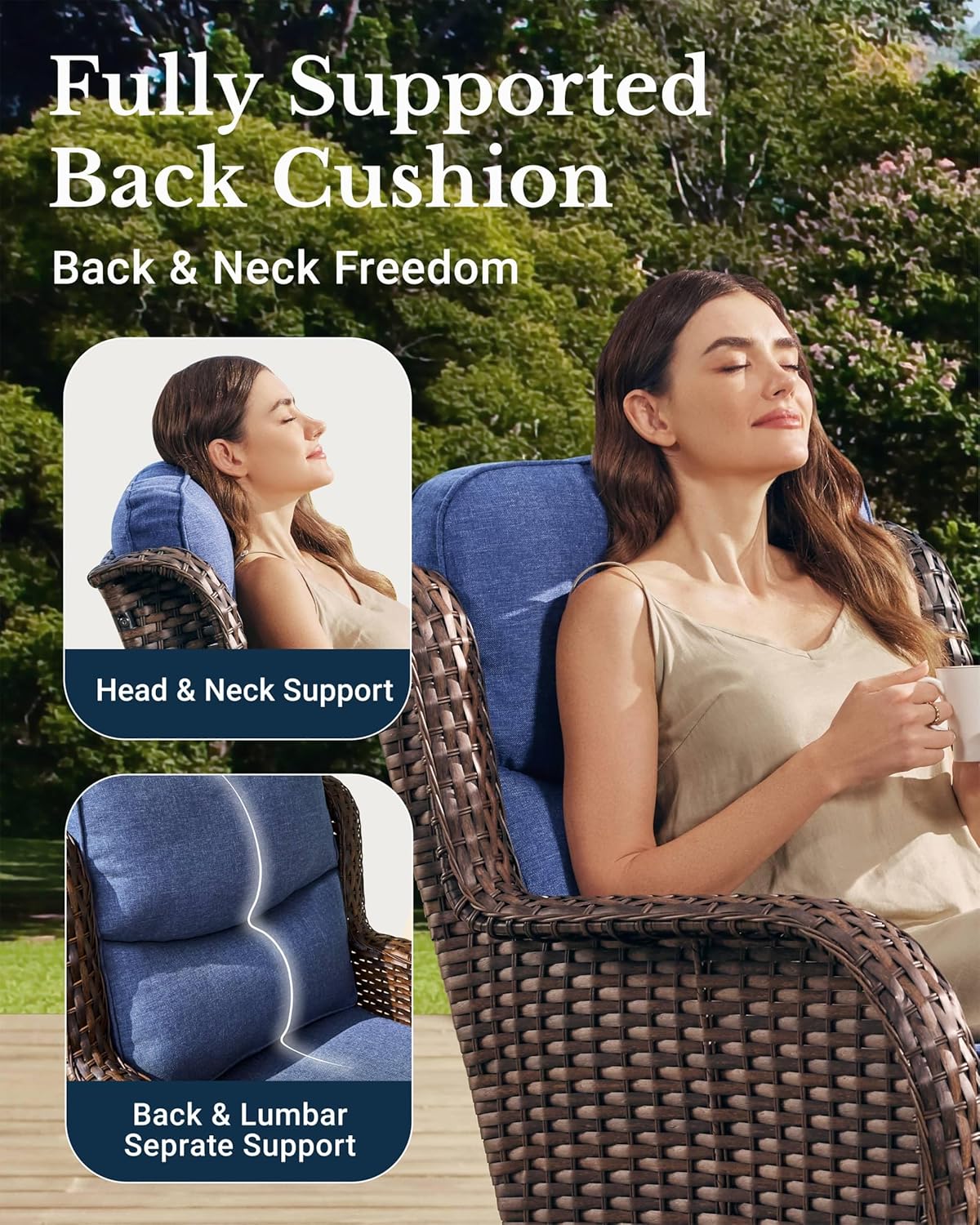 HILLGA Luxury Patio Furniture Set with 6-inch Thick Cushion, Outdoor Couch and High Back Swivel Rocker Patio Chairs, 11PCS Wicker Conversation Set for Deck Yard and Poolside, Blue (V2)