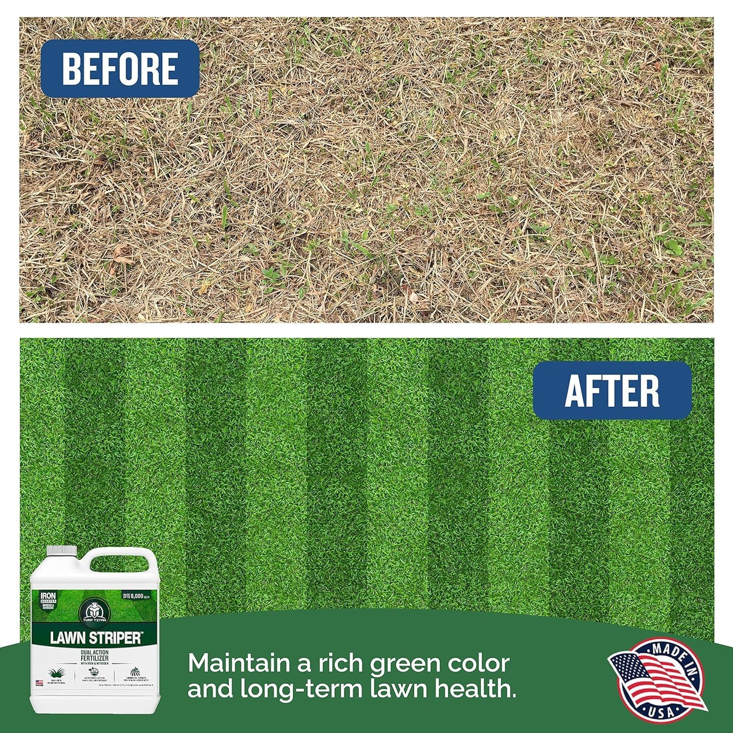 Turf Titan Lawn Striper 1 Gallon- Iron & Nitrogen Fertilizer to Promote Dark-Green, Stripe-Defined Turfs - Kids & Pet Safe, Natural Lawn Fertilizer - Green Grass Fertilizer - Covers up to 32,000 Sq Ft