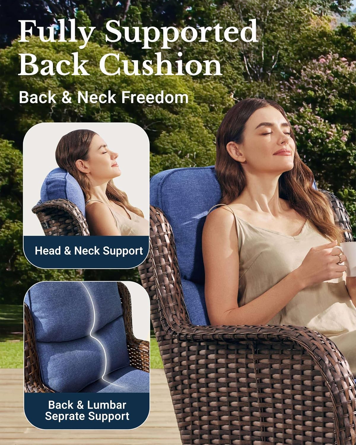 HILLGA Luxury Patio Furniture Set with 6-Inch Thick Cushions, High Back Outdoor Swivel Rocker Chairs and Table, 3-Piece All Weather Conversation Set for Porch Deck Balcony Yard, Blue (V3)