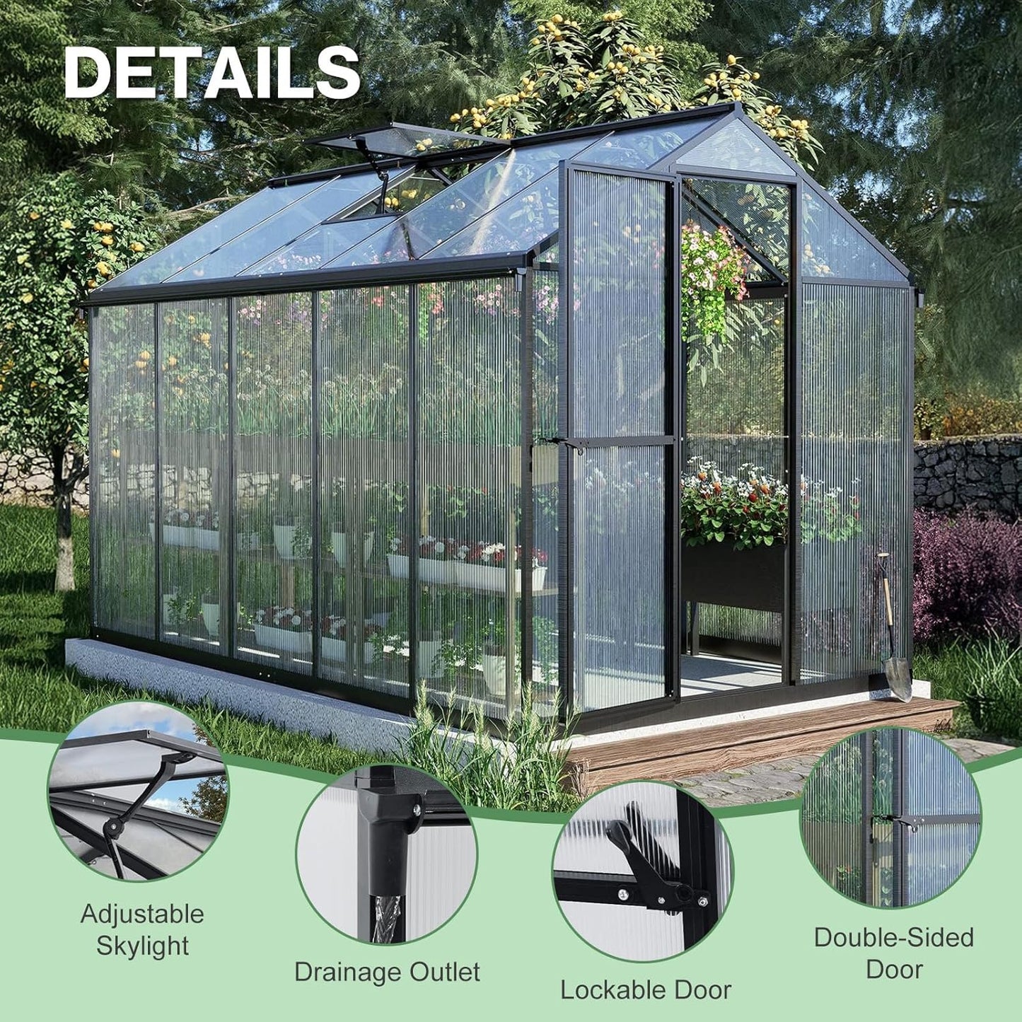 Aoodor 6 x 10 Ft Walk-in Greenhouse with Gutter, Polycarbonate and Heavy-Duty Aluminum Frame, Adjustment Skylight and Lockable 2-Sided Door for Patio, Outdoor, Yard, Lawn Use, Black