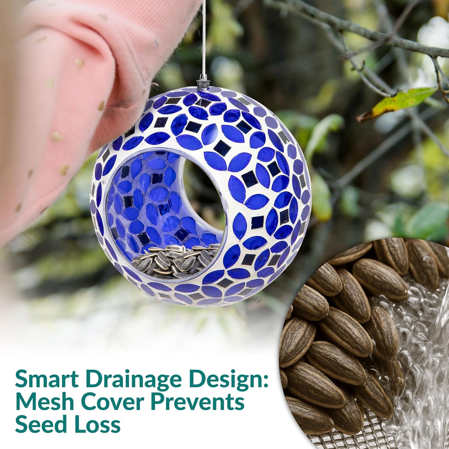 Sunnydaze 6-Inch Glass Mosaic Hanging Bird Feeder for Outdoors - Fly-Through Wild Bird Feeder - Lavender Mosaic