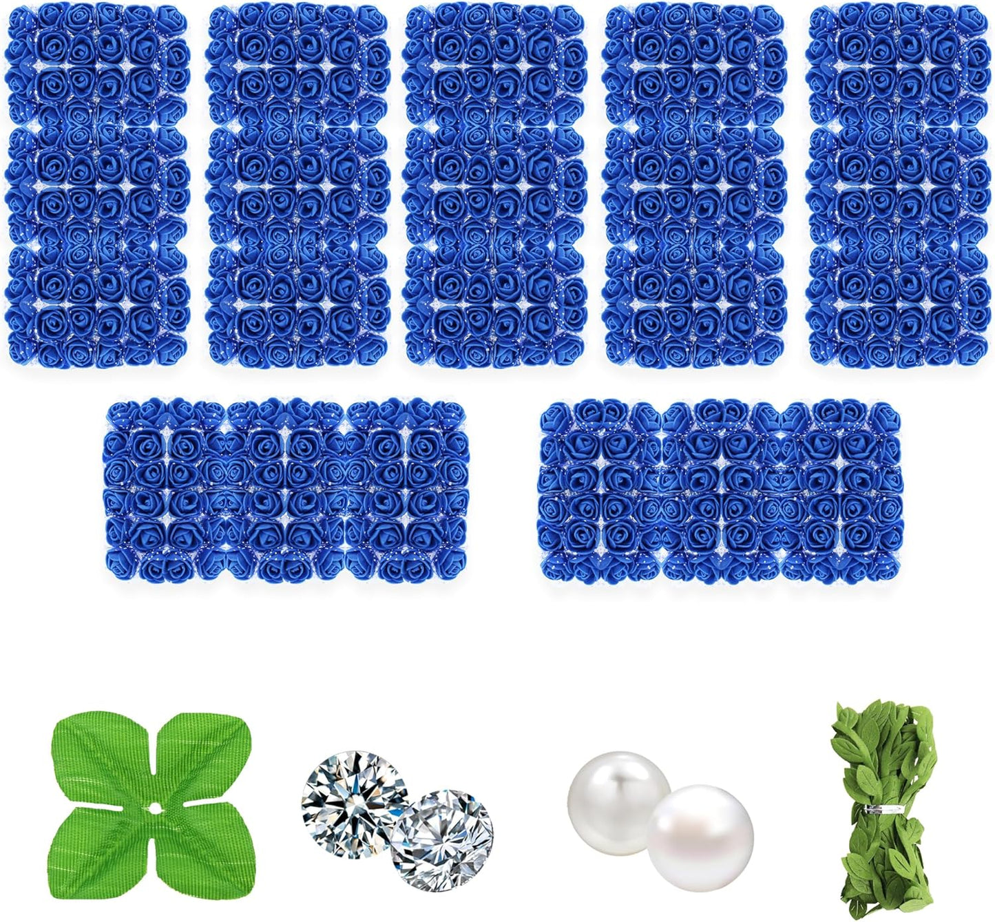 500 Pcs 0.6 Inch Mini Artificial Flowers Head Bulk 5 in 1 Set Faux Foam Fake Small Rose Tiny Baby Flores Bouquet Wreath Gift Hair Clip Home Decoration DIY Craft (Dark Blue)