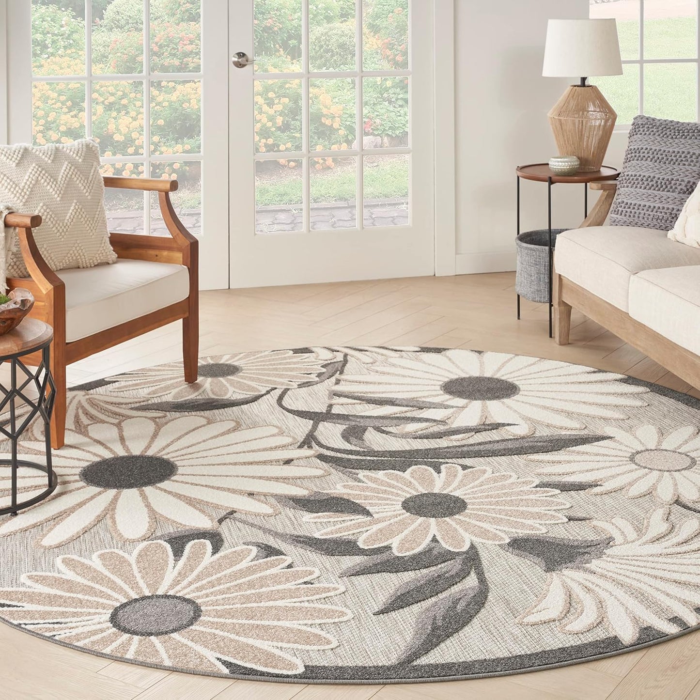 Nourison Home Aloha Indoor/Outdoor Beige 7’10” x Round Area Rug, Easy Cleaning, Non Shedding, Bed Room, Living Room, Dining Room, Backyard, Deck, Patio (8 Round)