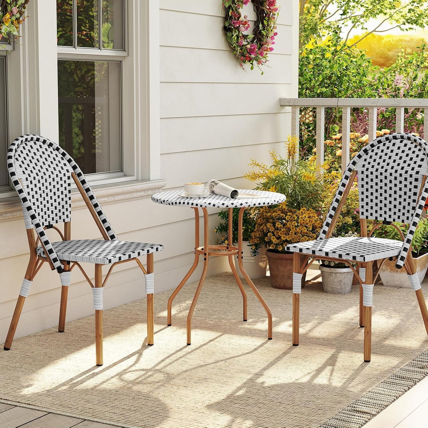 Tangkula 3 Piece French Bistro Table Chair Set, Outdoor Wicker Round Table & 2 Dining Chairs with Metal Support, Outside Accent Dining Furniture Set for Garden, Balcony, Porch