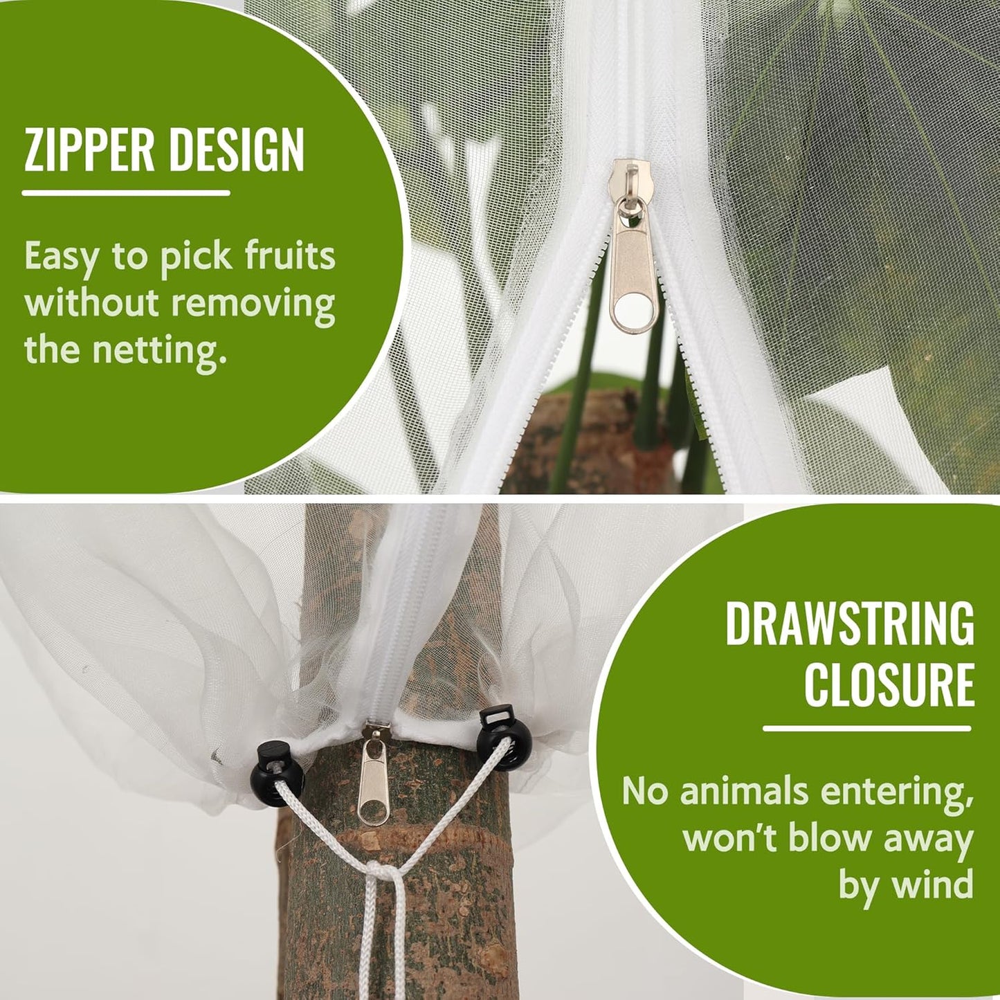 2 Pack Fruit Tree Netting Bags with Zipper and Drawstring, 8 x 8ft Ultra Fine Mesh Garden Netting Plant Cover, Bird Netting for Blueberry Bushes, Fruit Trees, Flowers (White, 8 x 8 ft)