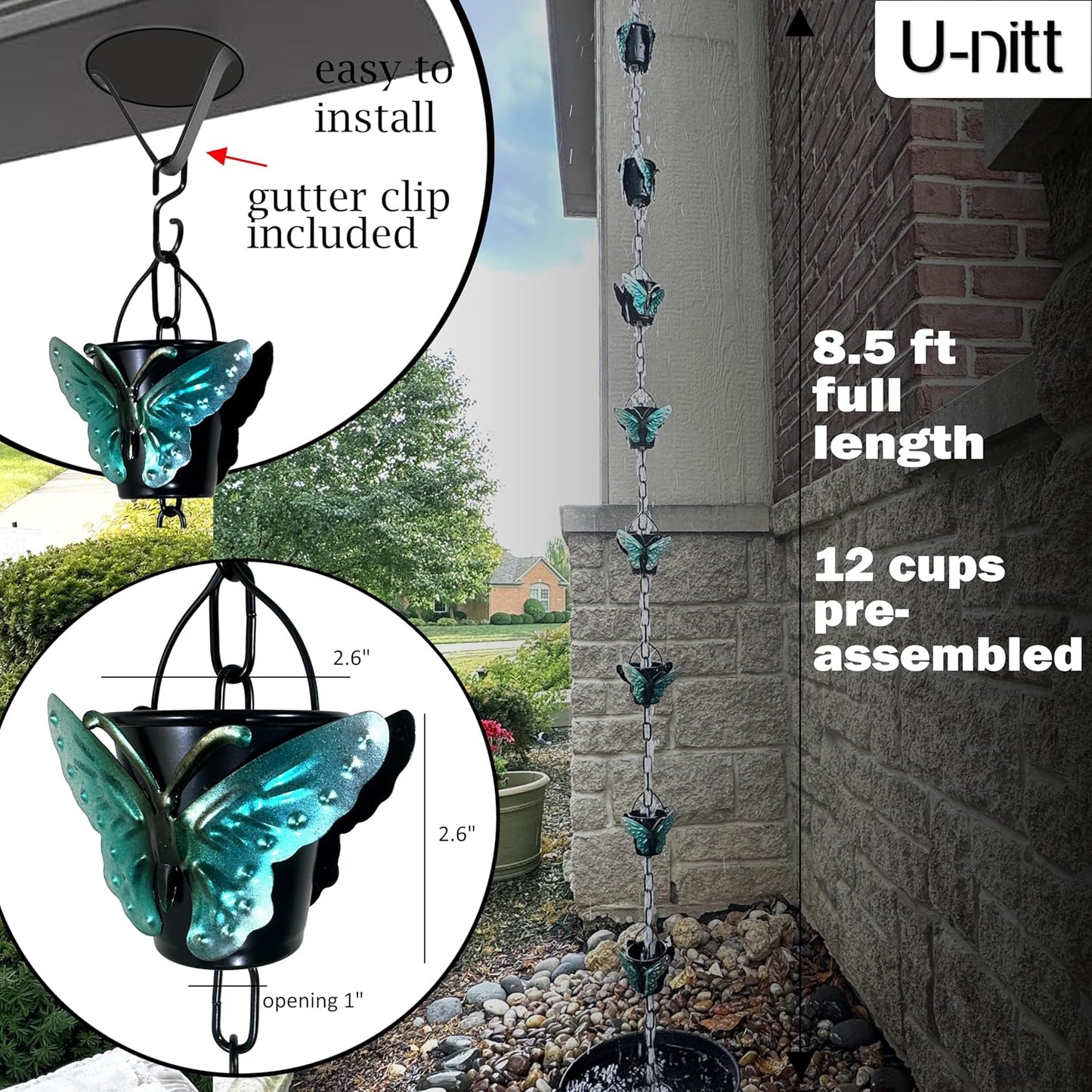 Rain Chain Water Collection for Gutters, Rainwater Catcher & Diverter, 8.5 FT Chains for Outside Garden, Butterfly Bucket Cups, Roof Downspout, Works with Heavy Rain, w/ Gutter Clip for Rainchains