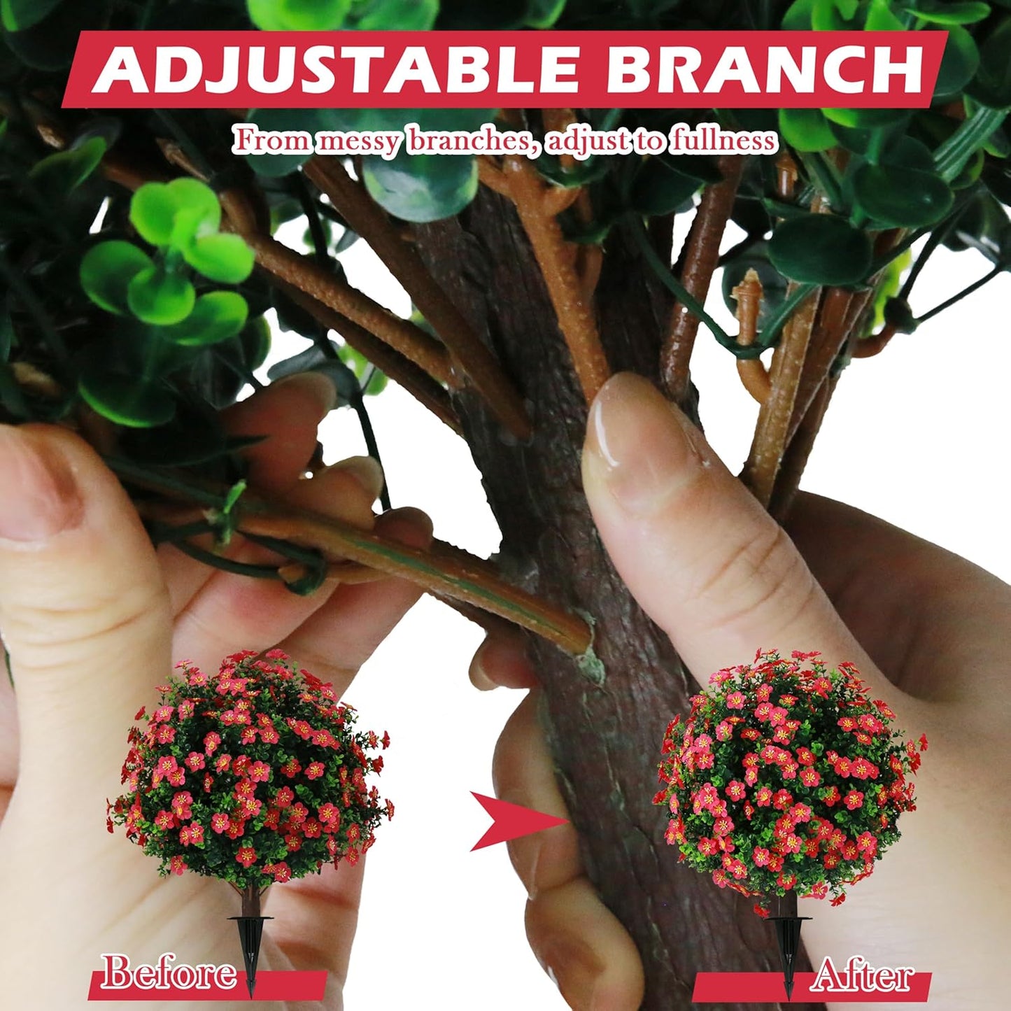 Sunnyglade Set of 2 Artificial Boxwood Topiary Ball Trees with Red Flower, Faux Shrub Bushes with Ground Spike 25.5", UV Resistant Fake Boxwood Plants for Indoor, Garden, Porch, Patio Decor (Red)