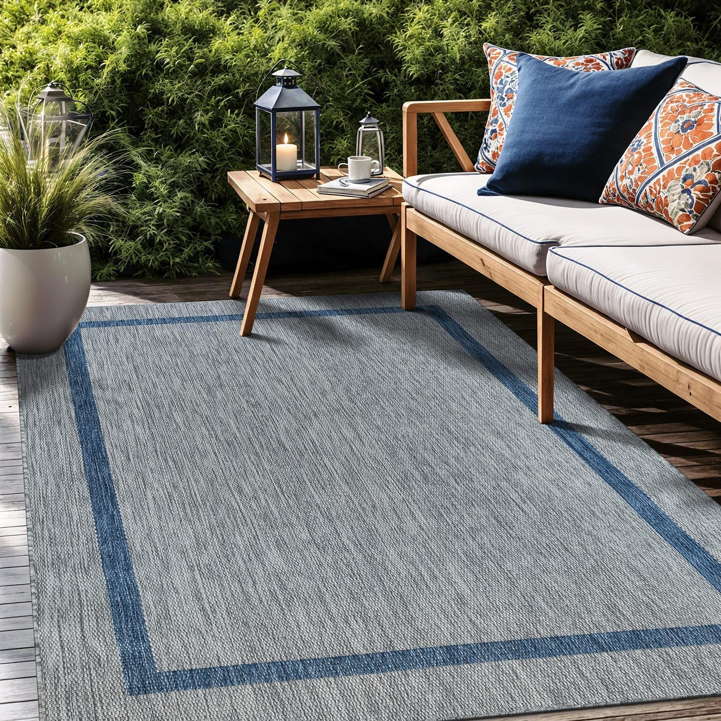 Bordered Outdoor Rug 10x14 Washable Outside Carpet for Indoor Patio Porch Waterproof Easy Cleaning Non Shedding Area Rugs Silver Gray - Blue 10 x 14