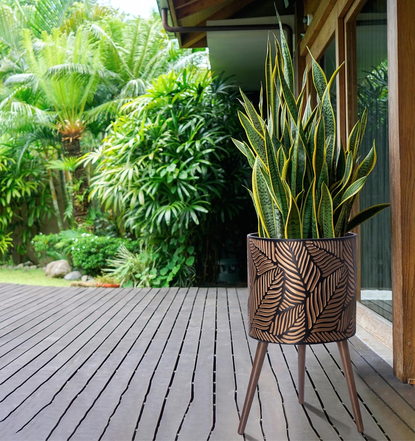 D'vine Dev 16 Inch Planter Pot with Stand, Mid-Century Tall Plant Pot with Legs for Indoor Plants, XX-Large, Bronze/Grey, 88-L-E-6