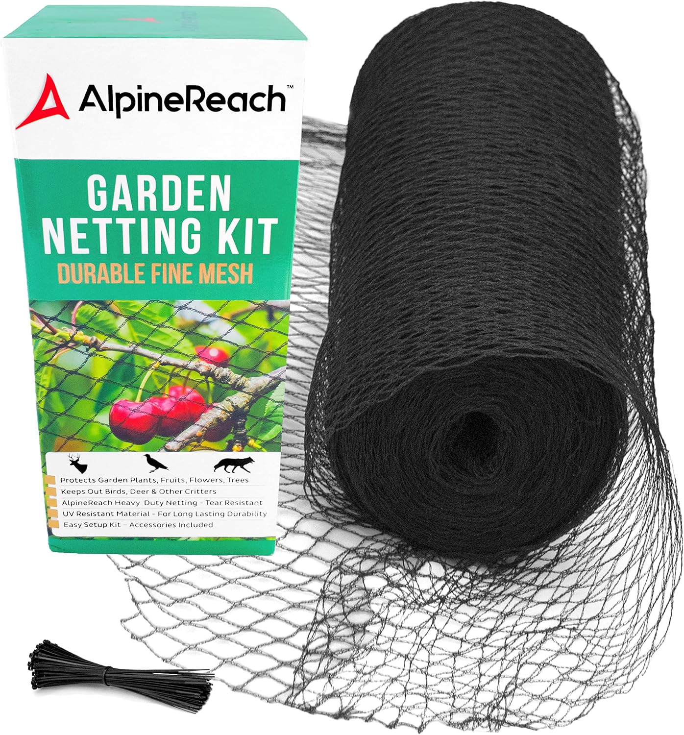 AlpineReach Garden Netting 15 x 30 ft Heavy Duty Bird Net, Deer, Plant Protection Extra Strong Woven Mesh, Reusable Kit with Zip Ties, Animal Fencing for Fruits Trees, Black