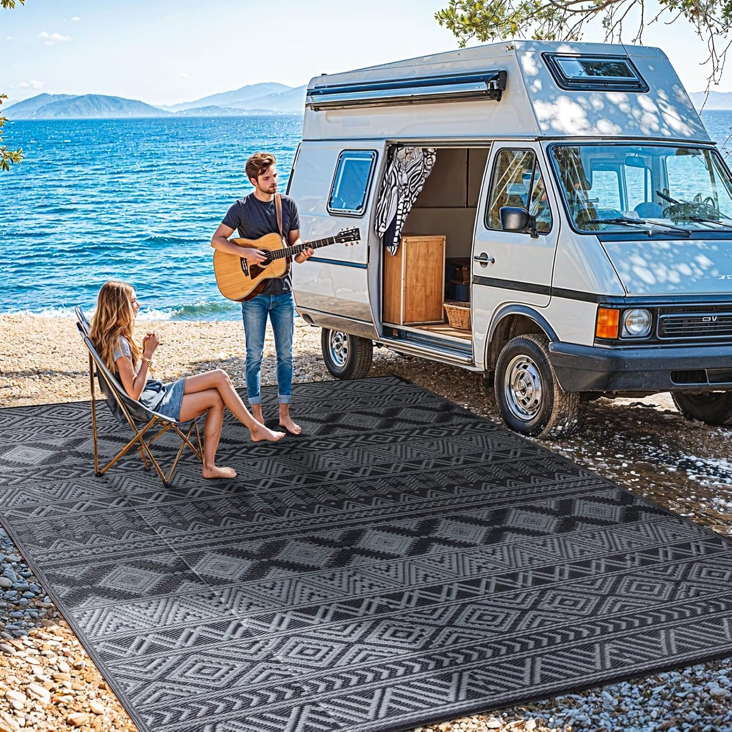 8'x10' Reversible Outdoor Rug - Eco-Friendly Plastic Straw Rug-Heavy-Duty Waterproof Mat, UV & Fade Resistant for Patio, Camping, RV, Deck, Balcony(8x10,Black&Gray)