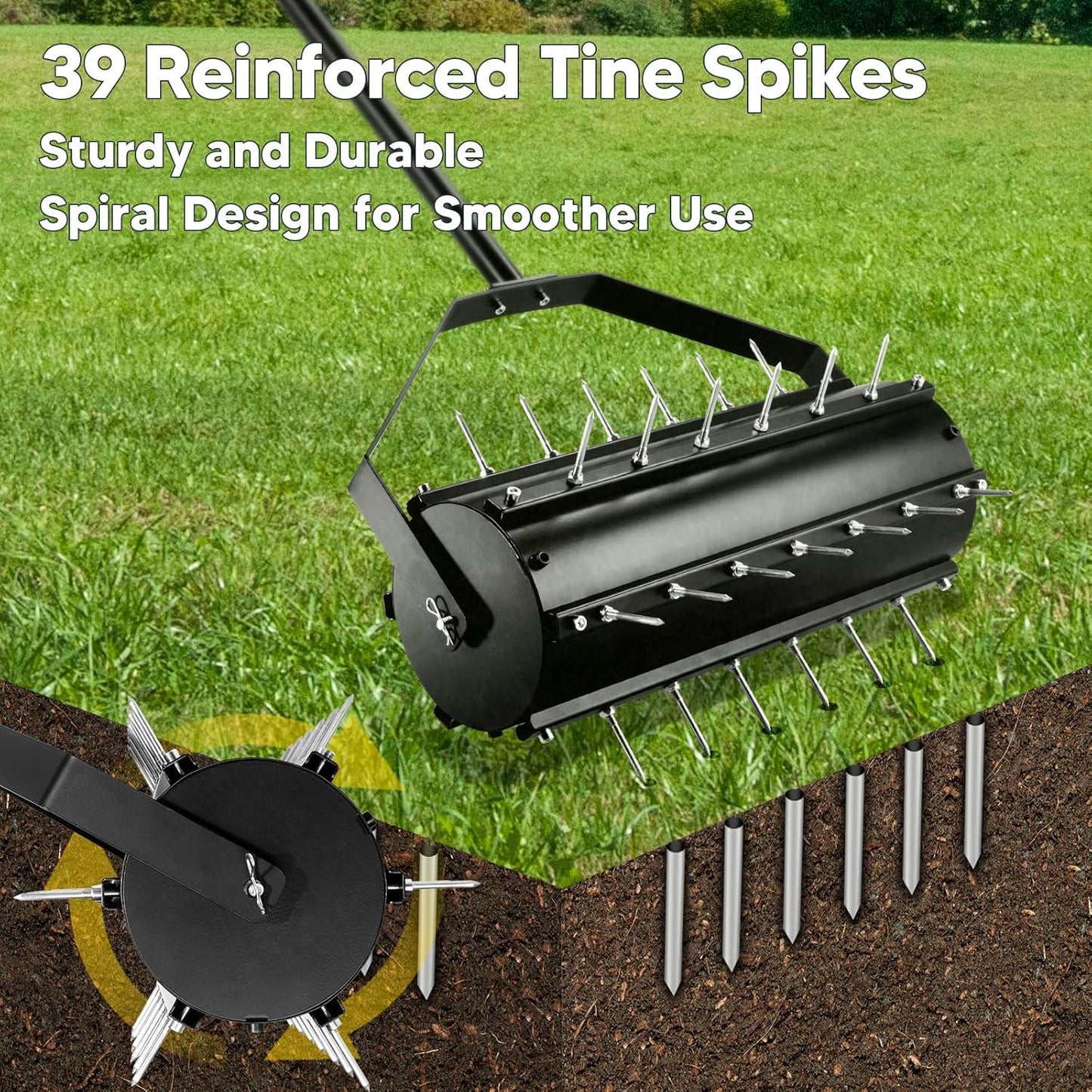 Uranshin Rolling Lawn Aerator Tool, Heavy Duty Manual Push Aerator Lawn Tool with 39 Pre-Attached Spikes and 70" Adjustable Handle, Lawn Spike Aerator Roller Suitable for Lawn, Garden and Yard