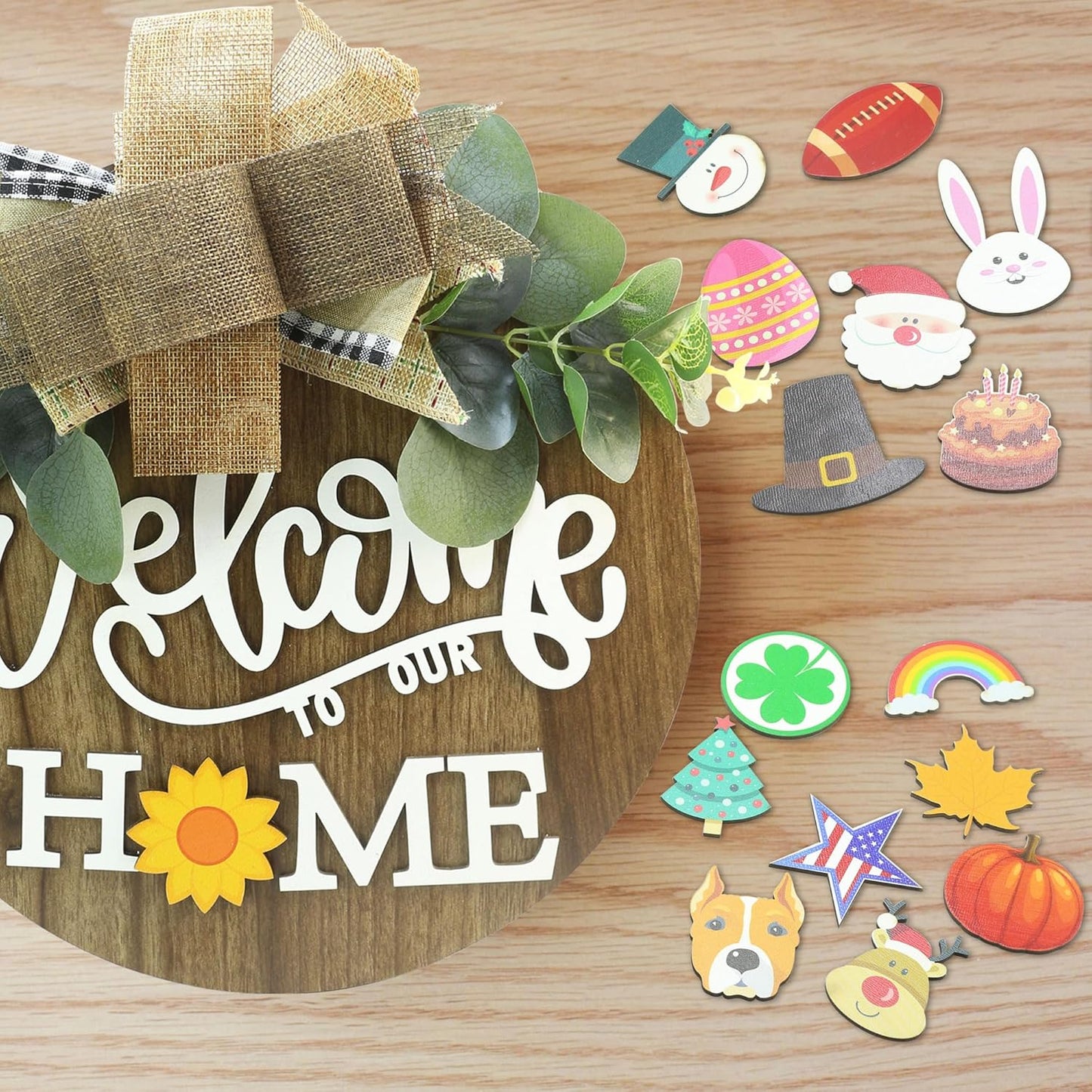 interchangeable 3D Welcome Sign for Front Door |Home/Farmhouse Porch Décor Wooden Hanging Sign with Artificial Leaves and Rustic Beads | Christmas Classroom |12" Round