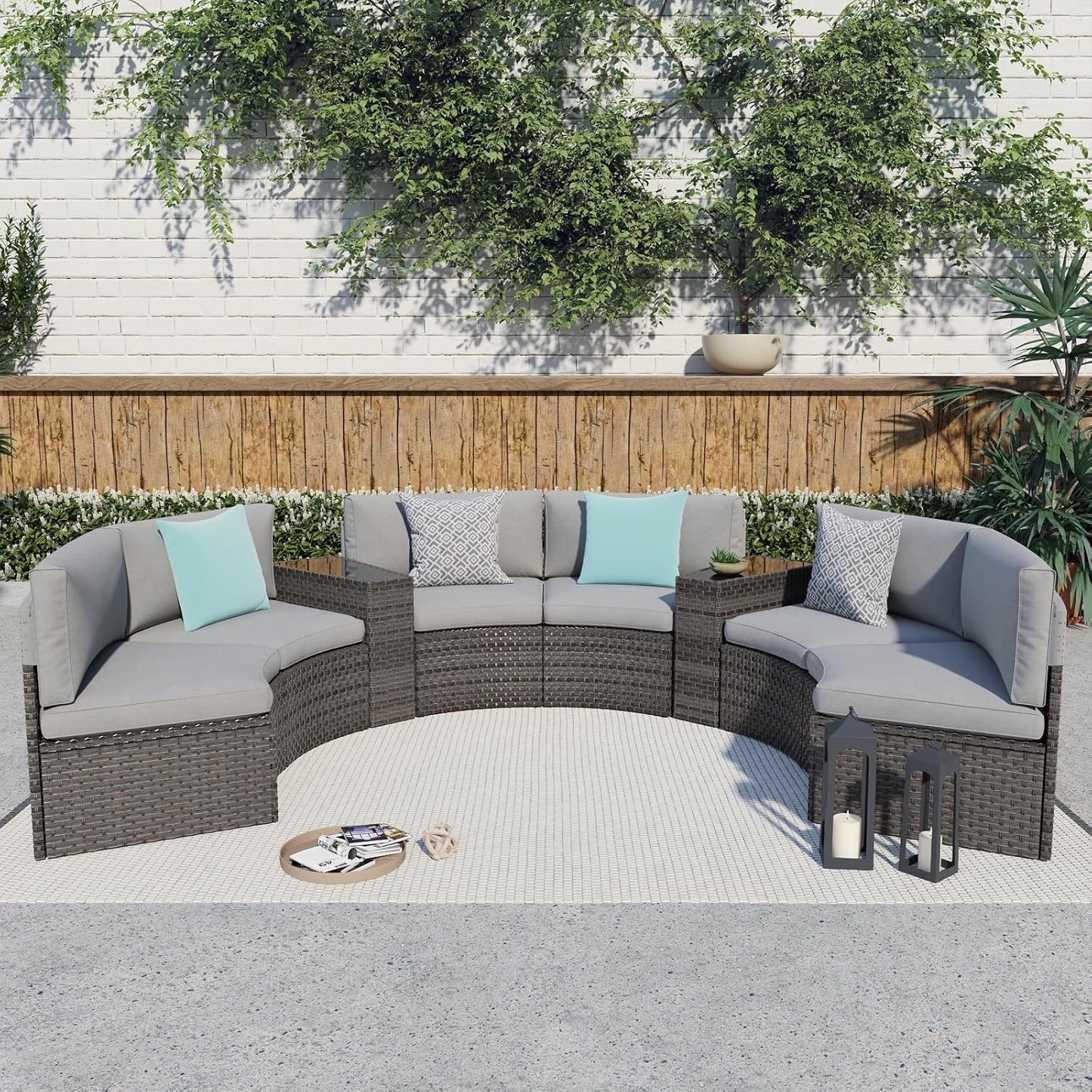 SUNSITT Outdoor Patio 8-Piece Half Moon Curved Furniture Sofa Set Grey Wicker Sectional Sofa Grey Cushions with 2 Side Table