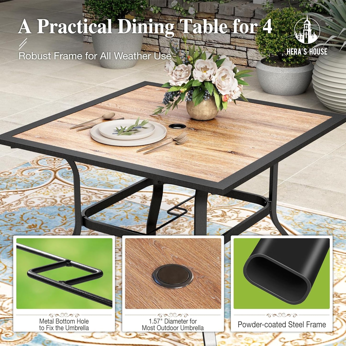 HERA'S HOUSE 5 Piece Patio Dining Set, 4 x Brown Textilene Dining Chair and 37" Square Wood-Like Dining Table with Umbrella Hole, Outdoor Table and Chairs Set for Lawn Garden Backyard Deck