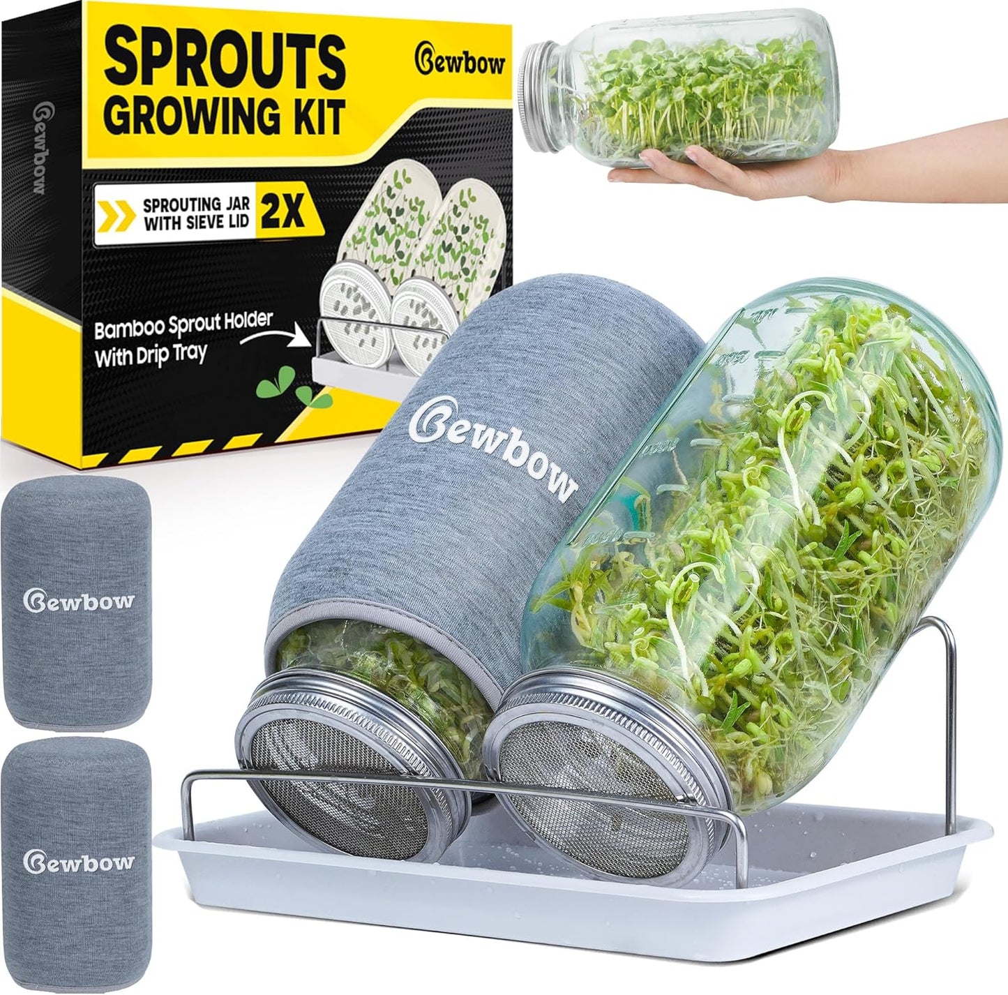 [LARGE SIZE] 2000ml(68oz) Seed Sprouting Mason Jar Kit with Stand,Drain Tray, Screen Lids,Blackout Sleeves,Good Ventilation & Drainage Capacity,Growing Fresh Organic Mung Beans,Broccoli & Microgreens