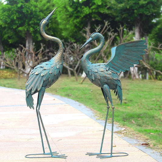 33-37 Inch Metal Crane Garden Statue Décor, Bird Garden Sculpture & Statues, Outdoor Decoration for Yard Patio Lawn Backyard Pool, Vintage Spread Wings Crane, Set of 2