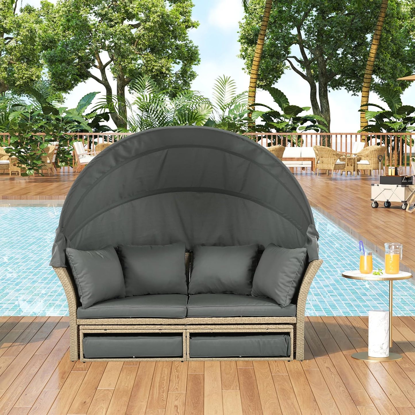 kevinplus Round Outdoor Daybed Patio Sunbed, Convertible Wicker Rattan Outdoor Daybed Sunbed with Retractable Canopy for Garden Backyard Porch Poolside, Gray