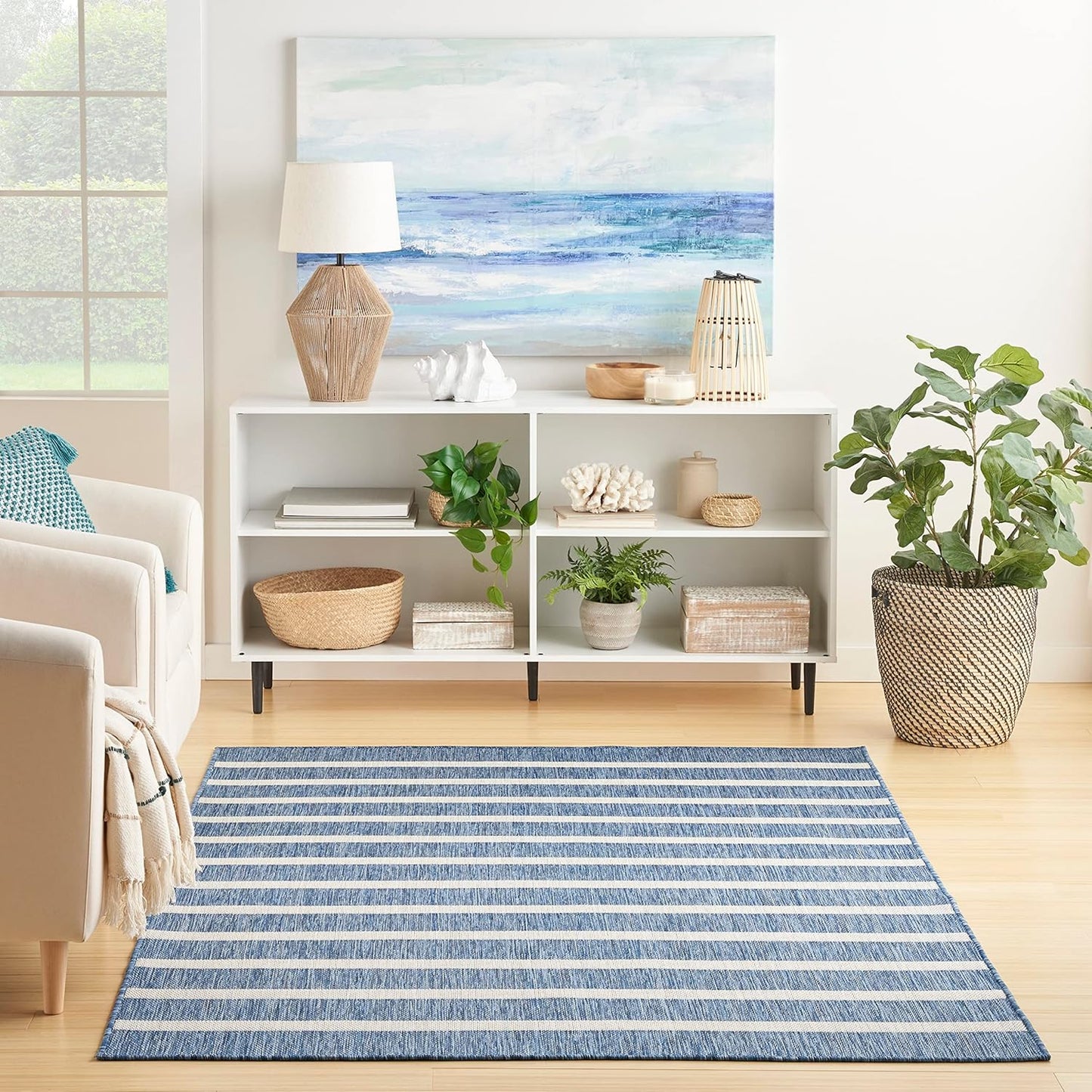 Nourison Home Positano Indoor/Outdoor Navy Ivory 5' x 7' Area Rug, Easy Cleaning, Non Shedding, Bed Room, Living Room, Dining Room, Deck, Backyard, Patio (5x7)