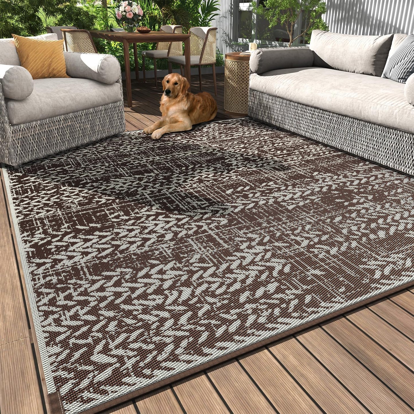 MontVoo Outdoor Rug 8x10 Waterproof-Patio Rug Mat Outdoor Carpet Reversible RV Camping Picnic Plastic Straw Rug Outside Outdoor Area Rug for Balcony Deck Backyard Patio Decor Boho Modern Brown